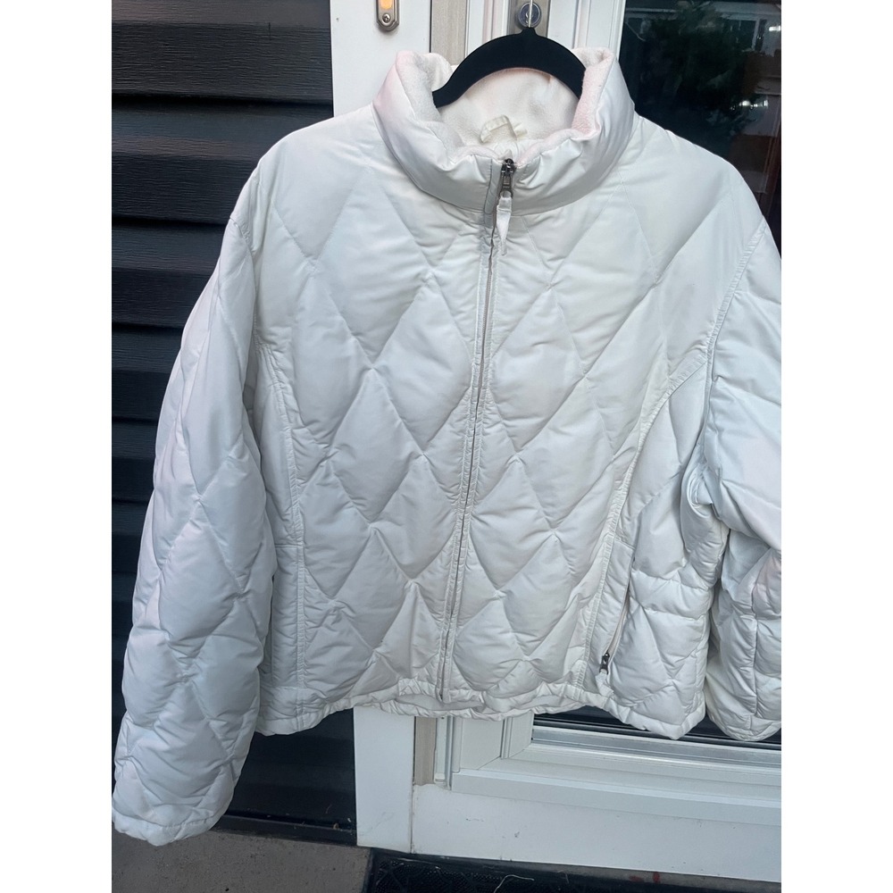 Eddie Bauer White Diamond Quilted Goose Down Puffer Jacket XXL Fleece Collar
